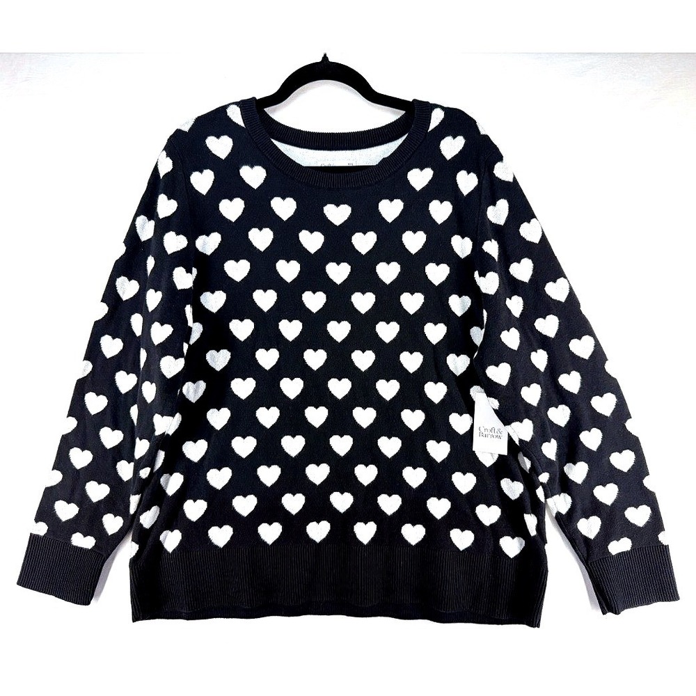 Black White Heart Print Crewneck Sweater Womens Xxl Plus Cabincore Cozy Granny